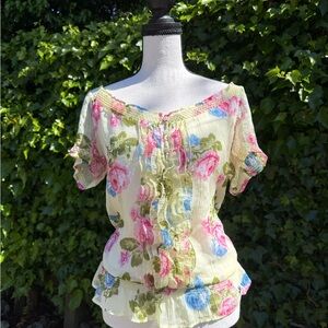Abercrombie & Fitch Cream Floral Off-Shoulder Blouse with Pink & Blue Roses